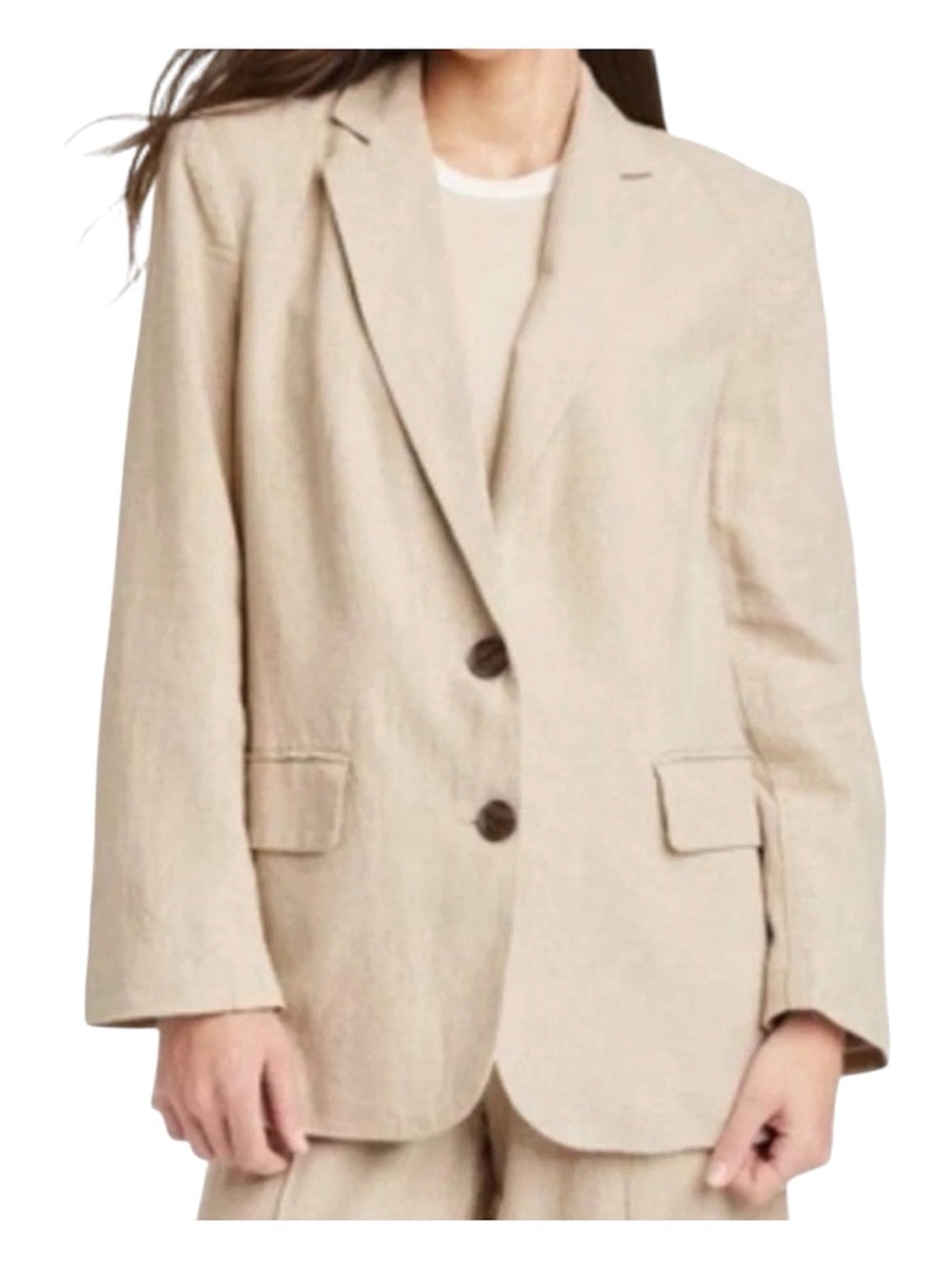 A New Day Beige Relaxed Tailored Oversized Blazer Size L  Linen Blend Minimalist
